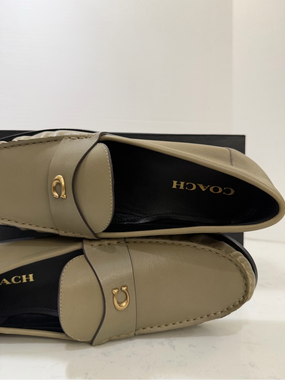 Coach woman’s Olive Green Leather Slip-On Loafers with Gold Accent - Picture 6 of 11